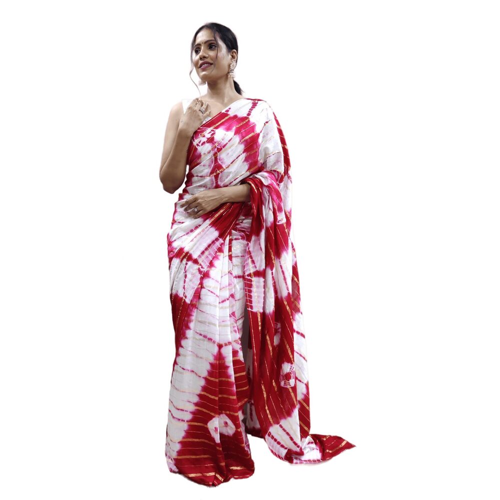 9128 Nylone Hand Printed Saree With Unstitched Blouse Piece Tie & Die Red